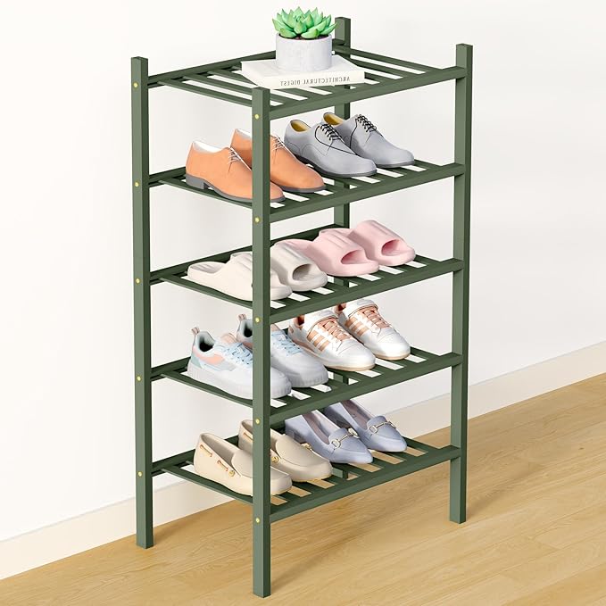 Smiry Bamboo Shoe Rack for Closet, 5 Tier Small Wooden Stackable Shoe Organizer, Free Standing Shoes Storage Shelf for Entryway, Front Door Entrance, Green