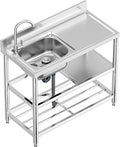 Free Standing Stainless-Steel Single Bowl Commercial Restaurant Kitchen Sink Set w/Faucet & Drainboard, Prep & Utility Washing Hand Basin w/Workbench & Double Storage Shelves Indoor Outdoor (39.5in)