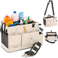 FifthStart Multiuse Cleaning Caddy with Waist & Shoulder Strap - Diaper Caddy & Beach Bag - 9 Pockets & Mesh Base - Adjustable Compartments (Beige, Small) - Cleaning Supplies Organizer