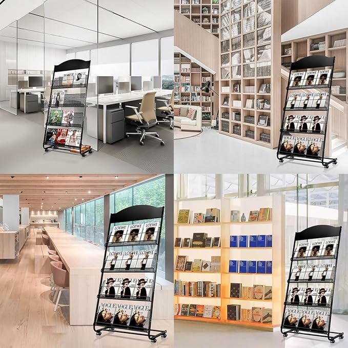 Floor-Standing Magazine Rack, 4-Layer Brochure Display Stand Tiered Design Magazine Stand Detachable Magazine Display with Casters for Exhibitions, Shopping Malls, Hospitals, Offices