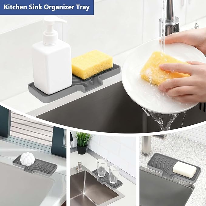 Silicone Sponge Holder for Kitchen Sink With Drain Spout, Self Draining, Kitchen Soap Tray, Bathroom Organizer, Sink Caddy, Perfect for Dispenser, Scrubber, Bottle, Cup on Counter-Grey 10"×4"