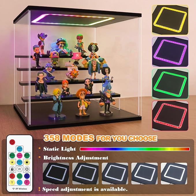 NONEMEY Clear Acrylic Display Case with Light ,3/4/5/6 Tier Multiple Color Lights via Remote Control Dustproof Display Box for Collectibles Figures Mini Toys (4Tier 12.4*9.6*10.4inch)