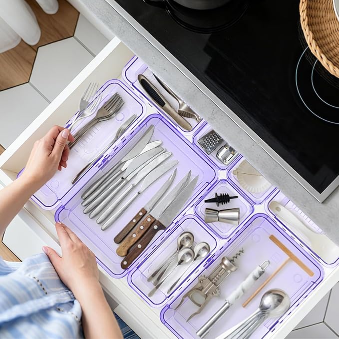 14 Pcs Adjustable Clear Drawer Organizer, Extendable Vanity Storage Bins, Desk Drawer Organizer Set for Makeup, Cosmetics, Bedroom, and Gadgets, Purple