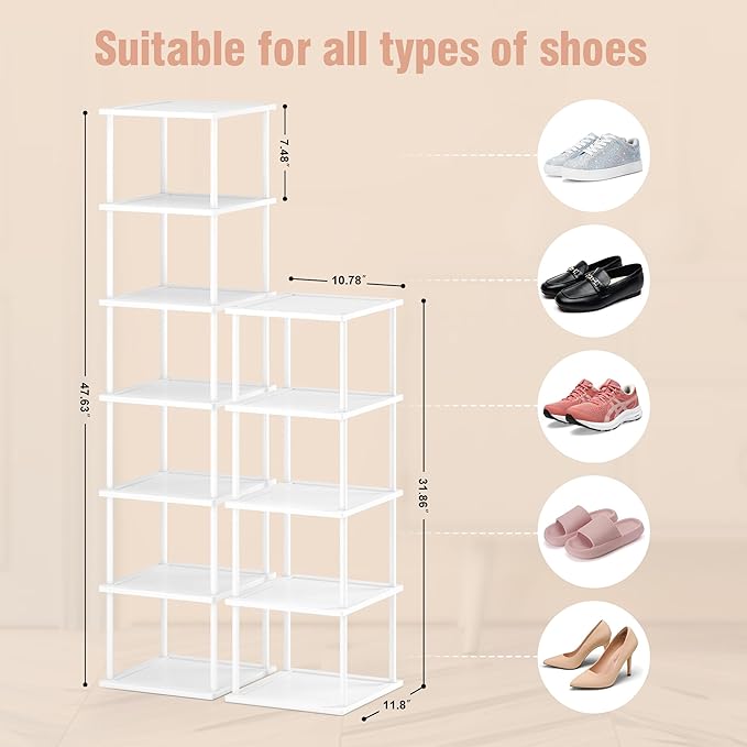 Bamboo Free Standing Shoe Rack Shelf Multi Tier Tall Wooden Stackable Shoes Rack Organizer for Closet Front Door Entrance Narrow Vertical Shoe Storage Rack for Corner Stand (White, 12 Tiers)