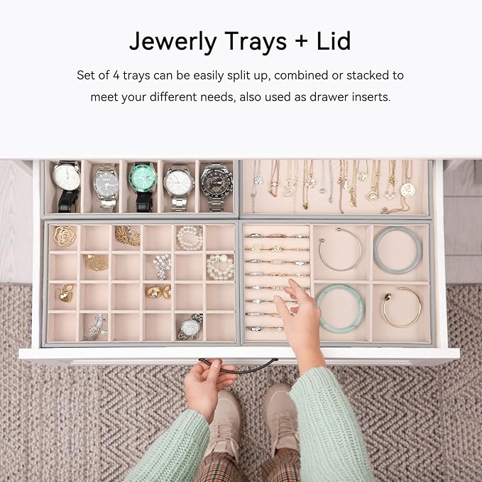 Voova Stackable Jewelry Organizer Tray with Lid, PU Leather Jewelry Storage Holder for Drawer Inserts, Jewellery Display Box Case for Earring Necklace Ring Watch Bracelet (Set of 4, Grey)