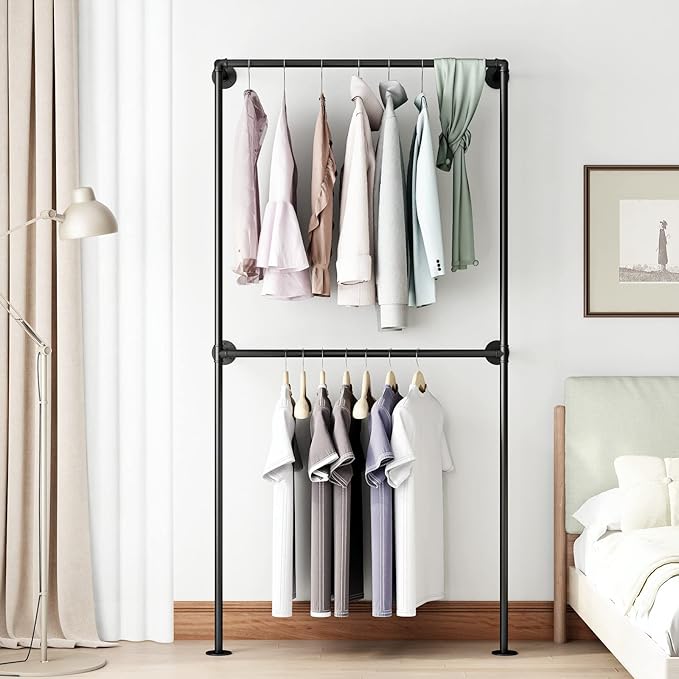 Industrial Pipe Clothing Rack Wall Mounted Garment Rack, Black Pipe Clothes Rack Retail Display Hanging Rod for Closet Storage, Laundry Room