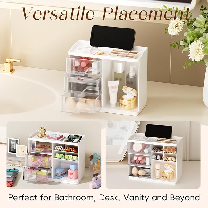 Small Makeup Organizer with Drawers, Stackable Bathroom Couneter Organizer with Phone Holder, Versatile Vanity Organizer Countertop, Cosmetic Organizer for Makeup Brush, Skin Care, Lotion -White,1Pack
