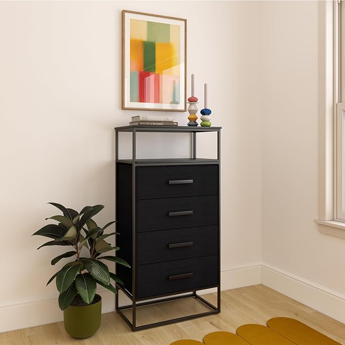 tinge Zana Premium Fabric Dresser - Strong Metal Frame, 4 Spacious Sag-Proof Drawers & Sturdy Wooden Top Shelf - Premium, Sleek & Durable Storage Solution for Your Home (Black)