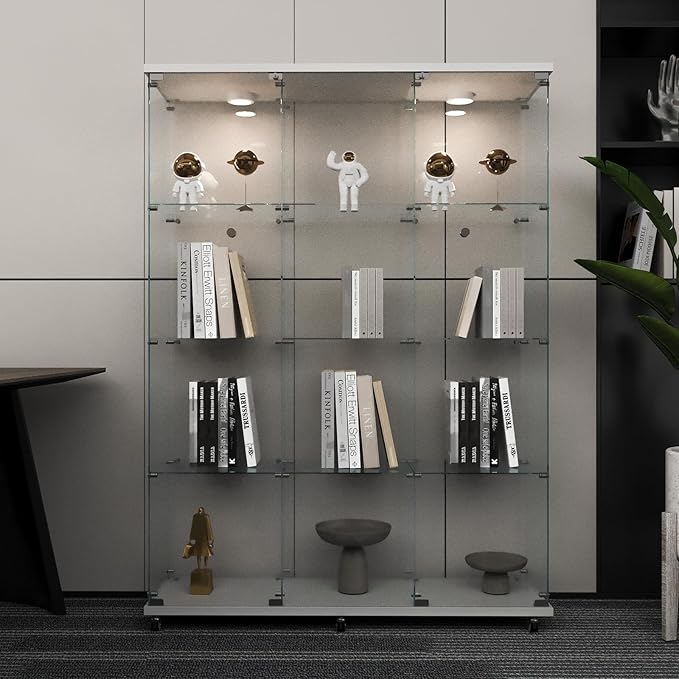 Beauty4U Glass Display Cabinet with LED Lights, Extra Large 3 Columns 2 Doors Curio Cabinets with 12 Shelves for Living Room, Bedroom, Office, White Floor Standing DIY Glass Bookshelf