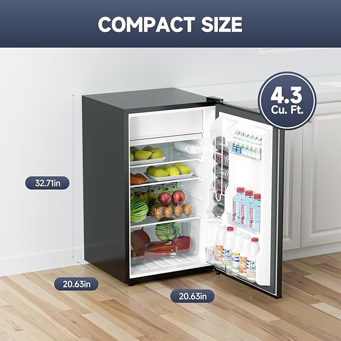 Jojoka 4.3 Cu.ft Mini Fridge with Freezer, Single Door Small Refrigerator with Slide Out Glass Shelves, Compact Refrigerator for Bedroom, Office, Dorm