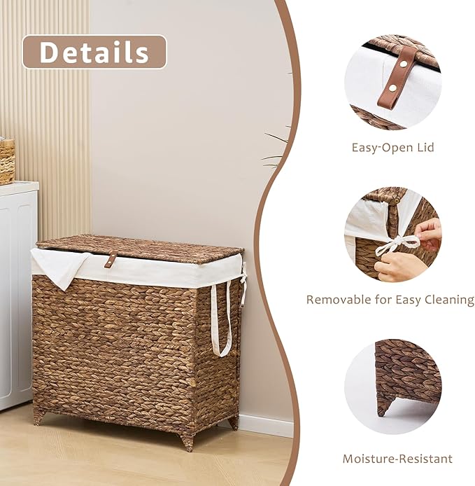 Laundry Hamper with Lid and Removable Liner Bag, Handwoven Natural Hyacinth Clothes Hamper with Heightened Feet, Wicker Laundry Basket for Clothes and Towels，Large, 2-sections