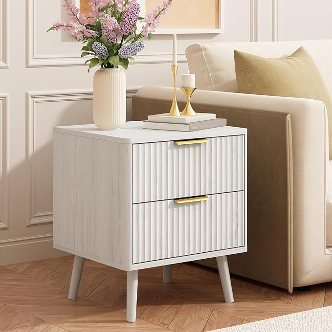 CARPETNAL Fluted Nightstand, White Bedside Table with 2 Drawers and Gold Handles, Wood End Table Mid Century Night Stands for Bedroom Living Room