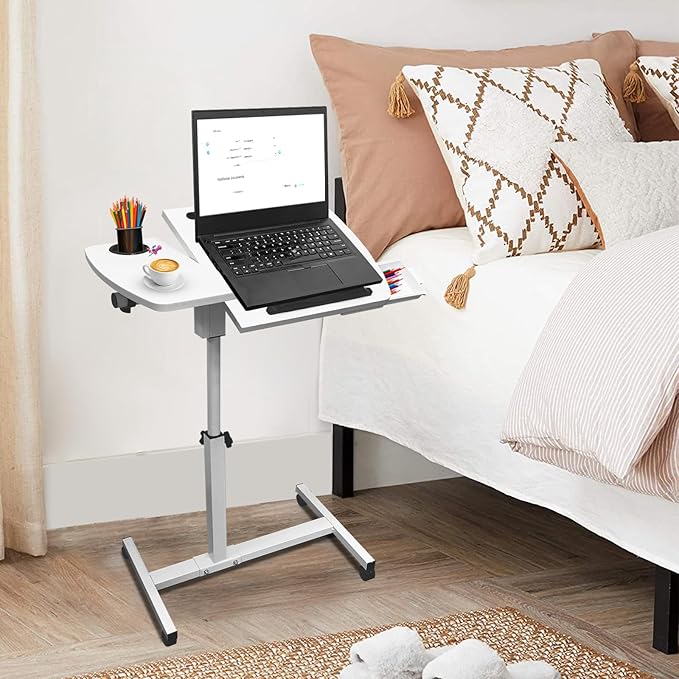 Overbed Table with Wheels Adjustable Height, Tiltable Desktop with Tray, Over Bed Table Rolling Bedside Tables, Medical Mobile Standing Desk, for Hospital Office Bedroom Sofa, White