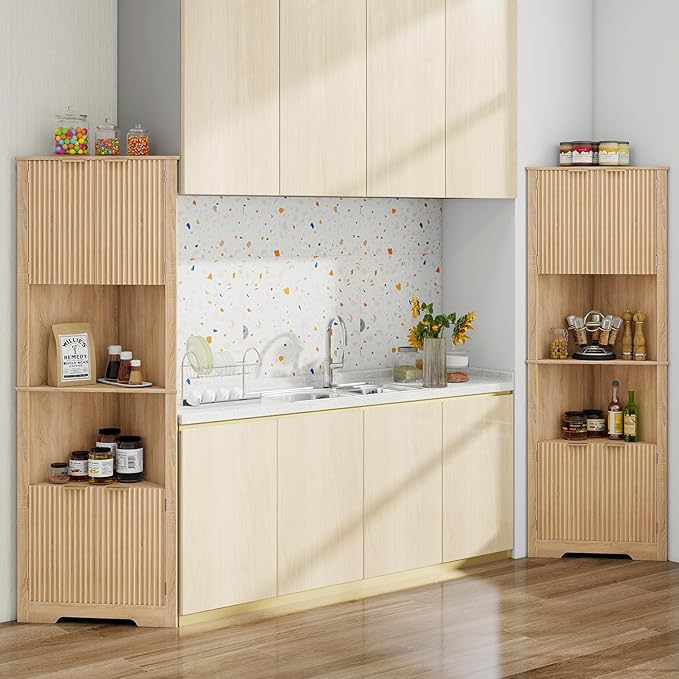 Vabches Corner Bathroom Cabinet, 64 Inch Tall Modern Fluted Corner Cabinet with Doors and Adjustable Shelf Bathroom Space Saver Storage Organizer for Laundry Room, Kitchen(Natural Oak)