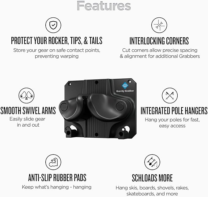 Gravity Grabber Ultimate Ski & Snowboard Wall Storage Rack - Fits any Ski or Snowboard - Save Your Rocker, Tips and Tails - Damage-free - 1x - Black