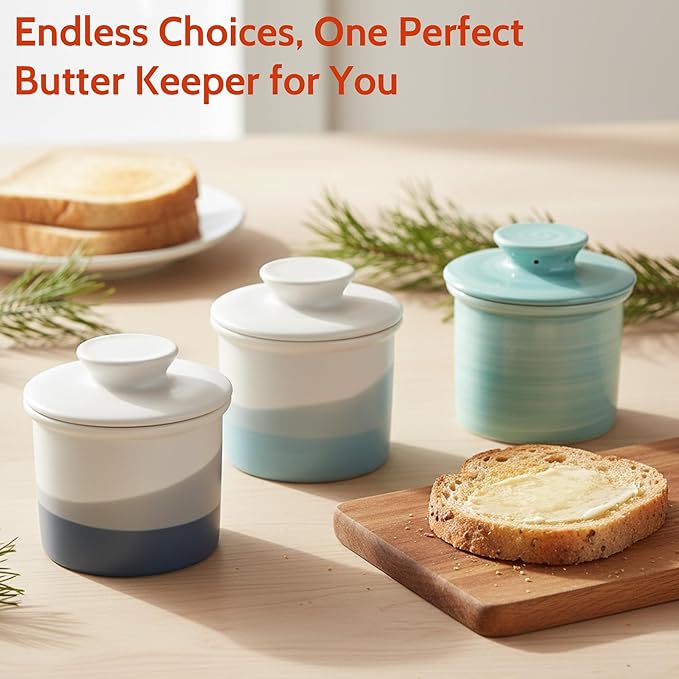 Sweese Light Blue French Butter Crock with Lid – Ceramic Butter Keeper Crock with Water for Countertop Use, Matte Glazed French Butter Keeper, Dishwasher & Microwave Safe