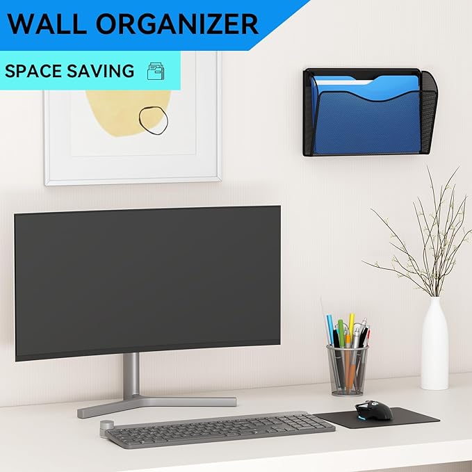 3 Single Pocket Wall File Holder, Mesh Hanging File Folder Paper Organizer, Vertical Wall Mounted Mail Basket, Storage Organization Magazine Rack for Office, Home and School, Black