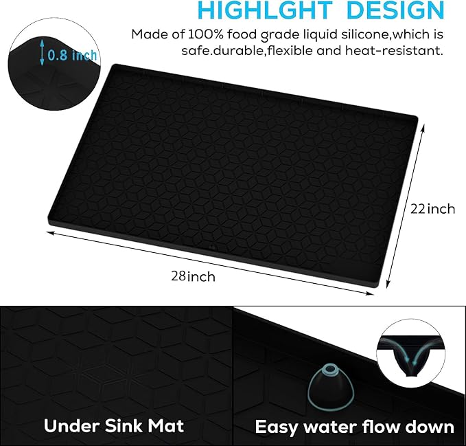 Under Sink Mat, 28"x22" Under Sink Mats for Kitchen, Silicone Waterproof Under Sink Liner, Sink Cabinet Organizer Tray with Drain Hole
