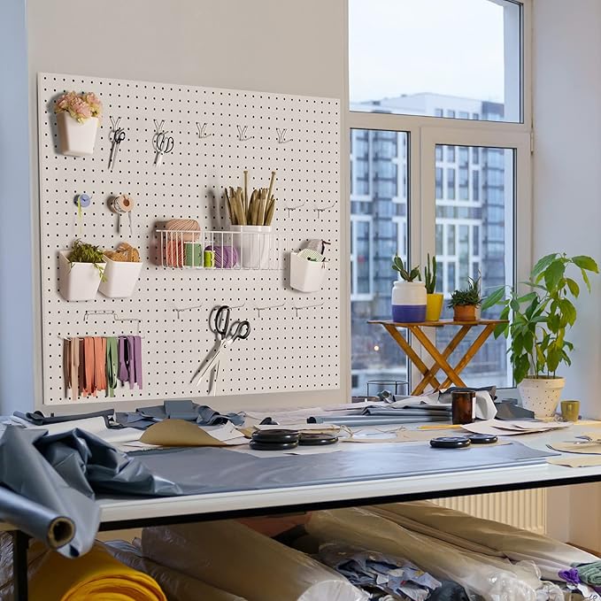 G.CORE Peg Board Organizer 21 Pack, Pegboard Accessories with Baskets Cups Hooks - 1/8" & 1/4" Peg Board Wall Tool Organizers, Utility Holders & Hangers for Garage Craft Workbench (White & White)