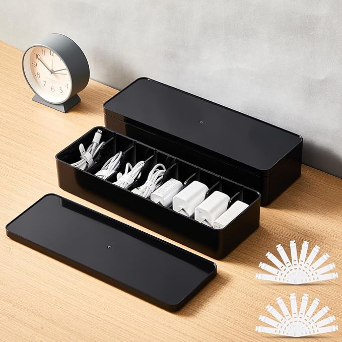 Tatuo 2 Pcs Cable Organizer Box with Wire Ties, Plastic Cord Storage Box with Lid, Electronics Organizer for Home Office Desk Organizers and Accessories (Black)