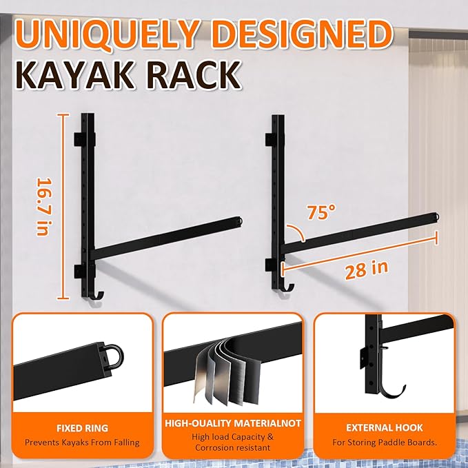 Kayak Storage Rack for Garage Wall Mount - Heavy L-Frame Holder with Anti-Slip Bungee & Complete Installation Kit, Supports 150LB (Fits Canoe/Paddle Board, Black)