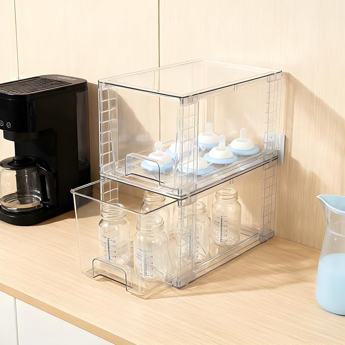 2 Pack Large Stackable Storage Drawers, Acrylic Bathroom Undersink Closet organizers and storage, Clear Plastic Bins for Pantry, Kitchen Cabinets, Makeup, Perfume, Baby Bottles, Medicine Organization