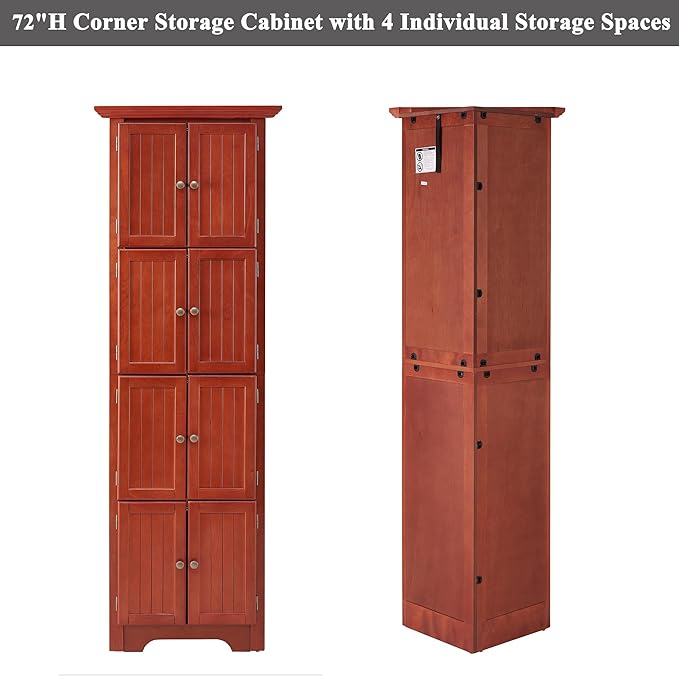 72" H Farmhouse Corner Storage Cabinet with 8 Doors & 4 Shelves, 4 Tier Kitchen Corner Pantry Cabinet Wooden Organizer Case Bookshelf, Home Space Saver Cabinet for Kitchen,Living Room(Cherry)