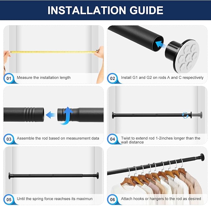 No Drilling Closet Rod, 27.5-82 Inches Hanging Closet Rod for Clothes, Closet Bar & Pole Heavy-duty, Closet Rods for Hanging Clothes For Closet Wardrobes Bathroom Laundry RV Curtains,Black
