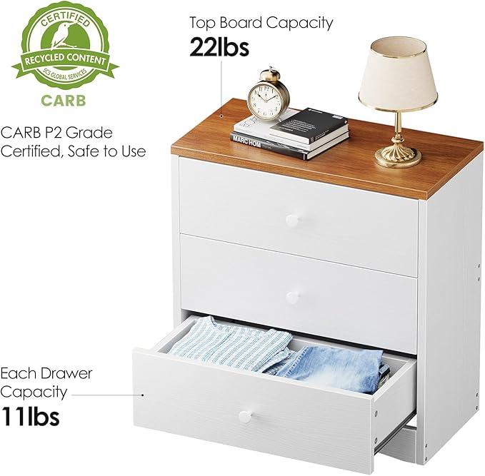 Nightstand,Farmhouse Wood Night Stand with 3 Storage Drawers,Wooden Small Dresser Chest of Drawers Bedside Tables for Bedroom Small Spaces,White+Walnut