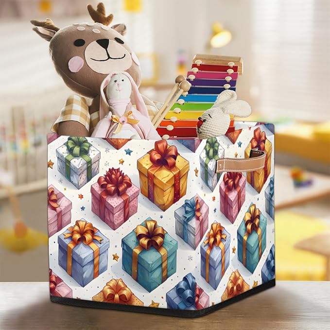 TropicalLife 13x13x13 Inch Large Fabric Storage Cube Holiday Gifts Box Pattern Foldable Storage Bin with Handles Organizer Boxes Cube Basket for Shelves Organizing Closet