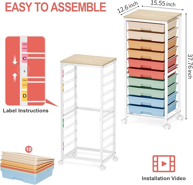 Rolling Cart with Drawers,10 Drawer Rolling Cart,Storage Cart with Wheels,Utility Cart with Drawers,Teacher Cart for Classroom Storage,Craft Cart with Wheels and Wooden Tabletop,Rainbow
