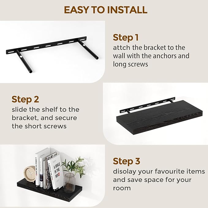 Fun Memories 36 Inch Floating Shelves Black, 9.3 Deep Floating Shelf for Wall, Rustic Black Wall Shelves 36x9.3x1.5 - Set of 2, Large Deep Shelf for Kitchen, Living Room Storage