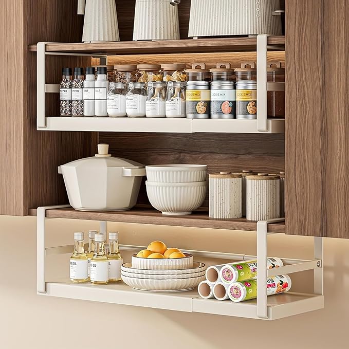 Hanging Under Shelf Storage Basket, Adjustable Width Under Cabinet Add-on Storage Racks, Heavy Duty Slide-in Baskets Organizer for Cabinet Pantry Kitchen, 1 Pack, 8.46"D x 17.7"W x 7.36"H
