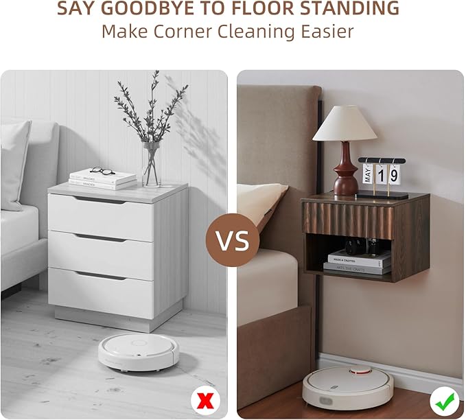 Floating Nightstand with Fluted Drawer - Modern Wall Mounted Bedside Table with Open Storage Shelf, Small Night Stand TV Stand for Bedroom(Walnut, Set of 2)