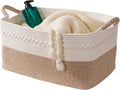 Decorative laundry basket with handles woven from natural cotton rope storage blankets for living room cute boho quilted gift baskets for clothes pillows toys 20"x14"x10",white/brown