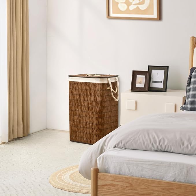 Laundry Hamper with Lid, 18.72 Gallons (72L) Laundry Basket with 2 Removable Liner Bags, Synthetic Rattan Clothes Hamper, laundry organization for bedroom, bathroom, laundry room, Brown