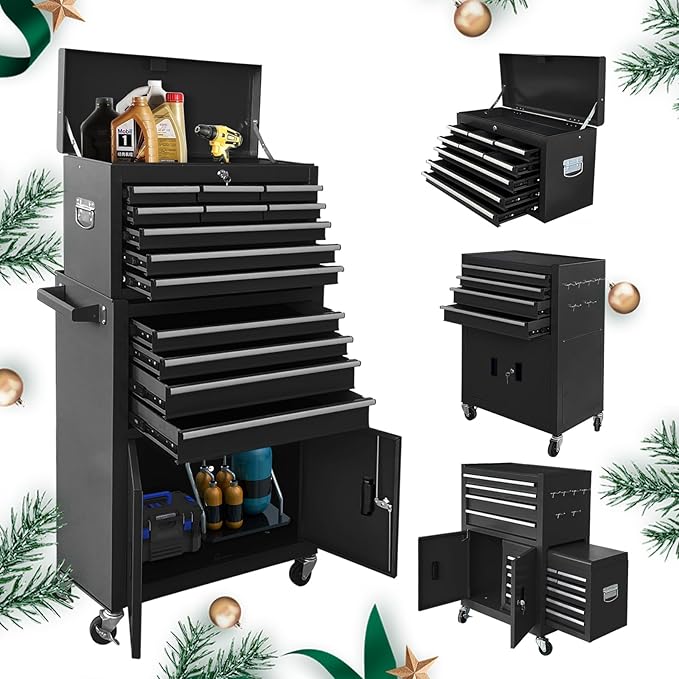 13-Drawer Rolling Tool Chest with Double Doors, 2 in 1 Detachable Rolling Tool Chest with Drawers, Mobile Tool Cabinet Combo, Metal Large Lockable Tool Box for Garage Workshop (Black)