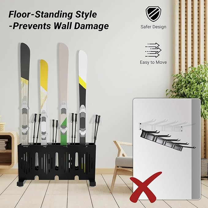 4-Pair Ski Storage Rack w/Width-Adjustable Fixing Bars, Heavy Duty Metal Freestanding Ski Rack - Ideal Organizer for Garage, Home and Store, 26" L ×10.2" W ×13.6" H