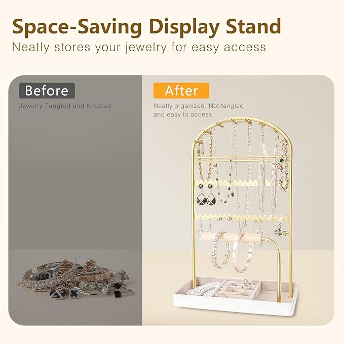 Multi-Functional Jewelry Holder Organizer Necklace Display Stand Velvet Lined Bar for Rings 2 Tier with 18 Hooks, 32 Earring Holes - Sturdy and Durable, Easy Organization White & Gold