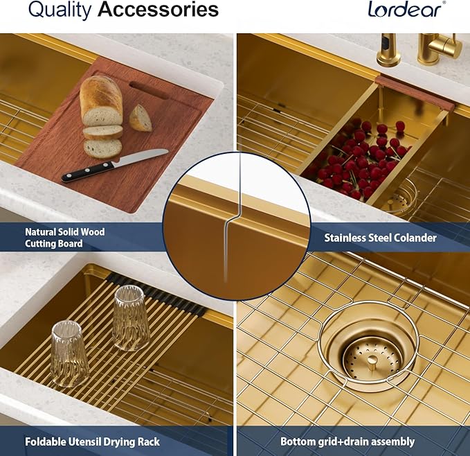 Lordear Luxury 45 Inch Kitchen SInk Gold Undermount Kitchen Sink Large Ledge Workstation 16 Gauge Stainless Steel Single Bowl Under Counter Gold Kitchen Sink with Built-in Accessories 45''x19''x10''