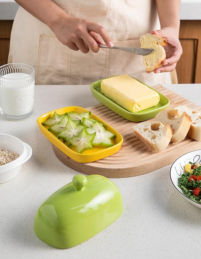 Sweejar Ceramic Butter Dish with Lid for Countertop,Porcelain Butter Keeper with Knob Handle,Butter Container for East/West Coast Butter, 7 inches (Yellow)