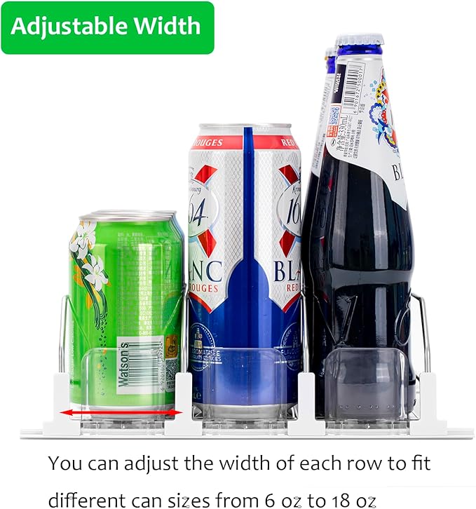 Rula Drink Organizer for Fridge, Self-Pushing Soda Can Dispenser for Mini Refrigerator, Width Adjustable Water Bottle Pusher Glide, White, 3 Rows,12.2” D
