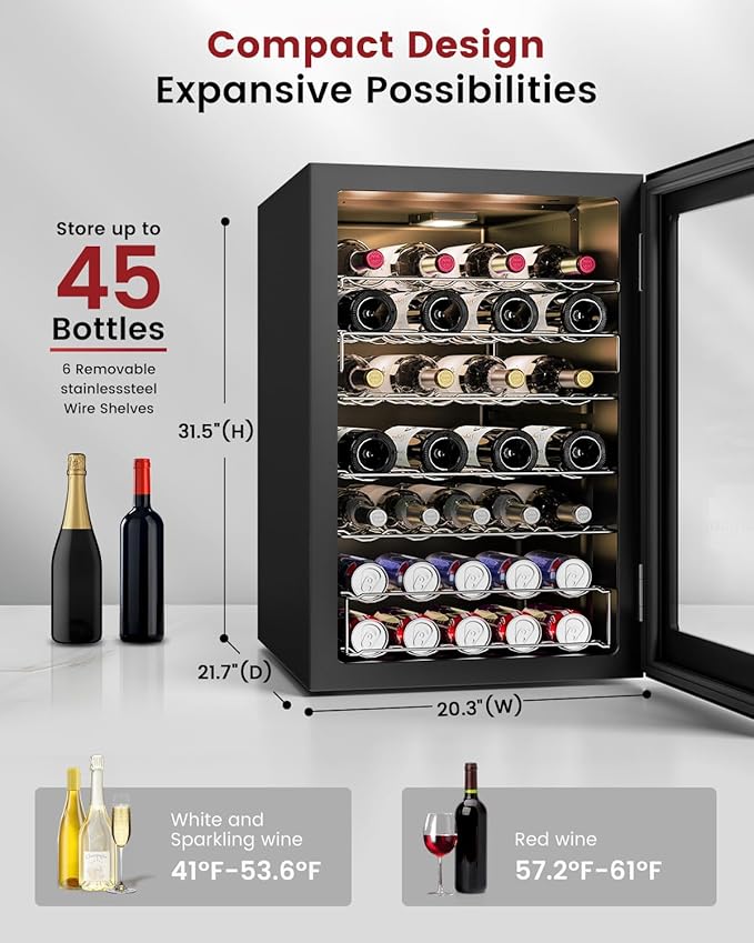 Wine Cooler Refrigerator - 45 Bottle Mini Wine Fridge with Glass Door for Beer Soda Water Drink, Small Wine Cellar Beverage Refrigerator for Bedroom Office Home Bar Dorm, 4.5 Cu.Ft (Black)