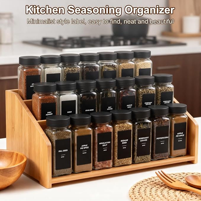 24Pcs Spice Jars Containers with Labels，4oz Black Seasoning Bottles with Shaker Lids for Rack, Cabinet, Drawer,Empty Square Condiment Pots (24, Black)