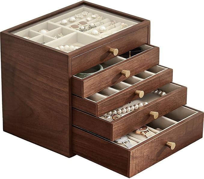 Black Walnut Wooden Jewelry Box Women large 5 Layer Drawer Wood Organizer Box with Glass Lid for Necklaces, Watch, Necklace, Ring, Earring Storage - Christmas Gifts