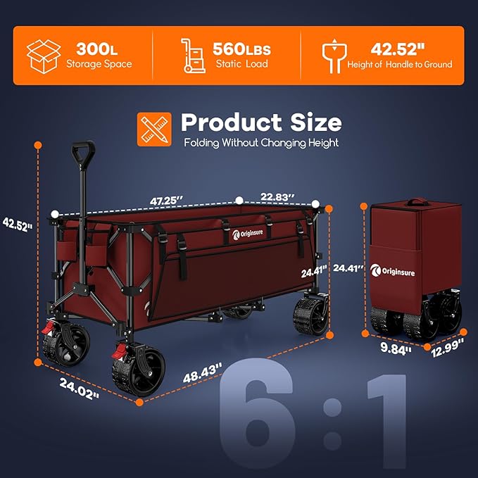48" L Collapsible Beach Wagon Cart Foldable, 560lbs Weight Capacity 300L Heavy Duty Folding Wagons with Big All-Terrain Wheels, Utility Carts for Groceries, Shopping, Camping, Sports - Red