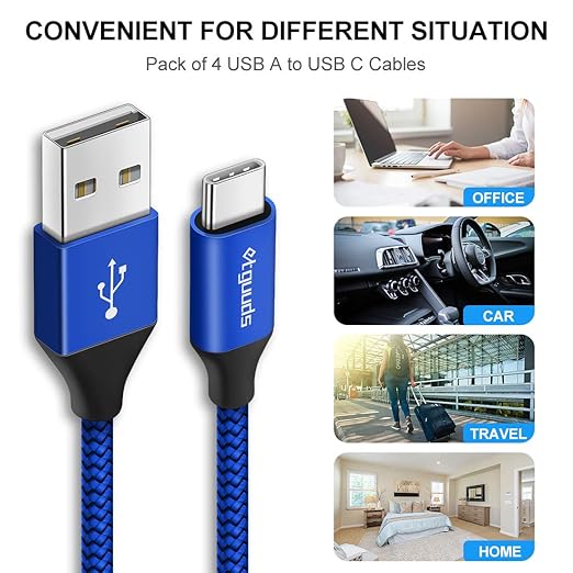 etguuds USB A to USB C Cable 5-Pack (3/3/6/6/10 ft), Fast Charging Type C Charger Cord for iPhone 17 16 15 Pro Max Plus Air, Samsung Galaxy S25 S24 S23 S22 S21 S20 A56 A17 A16, Pixel, Moto G, Blue