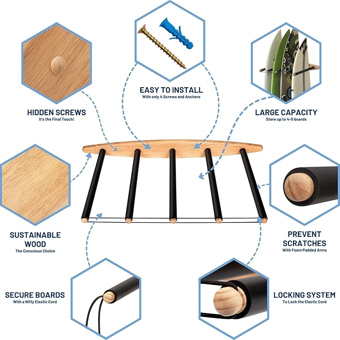 Hang 11 Vertical Surfboard Rack - Surf Racks for Wall, Sustainable Hardwood Surf Board Holder with Rubber Mat, Surfboard Wall Mount, Paddle Board & SUP Garage Storage (5 arms / 4-5 boards)