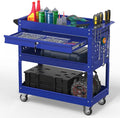 3 Tier Rolling Tool Cart on Wheels, 550 LBS Tool Cart with Drawers，Heavy Duty Utility Cart with Pegboard and Hook，Mechanic Tool Storage Cart for Garage, Warehouse and Repair Shop(Dark Blue)