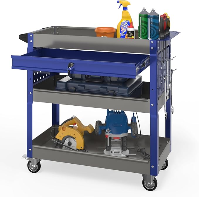 3 Tier Rolling Tool Cart on Wheels with Locking Drawer - Metal Service Cart Industrial Utility Cart for Mechanic - 350 LBS Mobile Storage Organizer for Garage. (Gray-Blue)